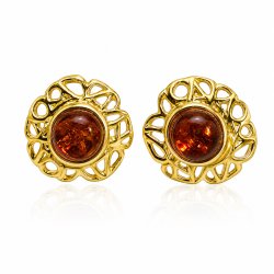 Blumen Ohrstecker mit Echtem Cognac-Bernstein in Vergoldetem 925 Sterling Silber