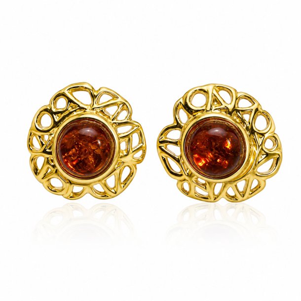 Blumen Ohrstecker mit Echtem Cognac-Bernstein in Vergoldetem 925 Sterling Silber