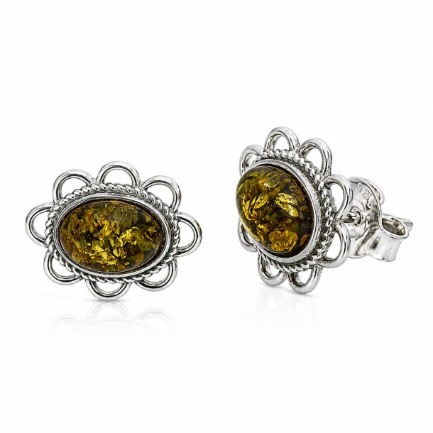 Blumen-Ohrstecker mit Echtem Gr�nen Bernstein aus 925 Sterling Silber