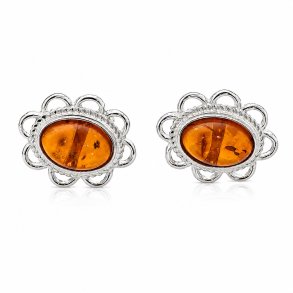 Blumen-Ohrstecker mit Echtem Cognacfarbenem Bernstein aus 925 Sterling Silber
