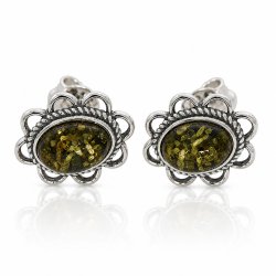 Blumen-Ohrstecker mit Echtem Gr�nen Bernstein aus 925 Sterling Silber