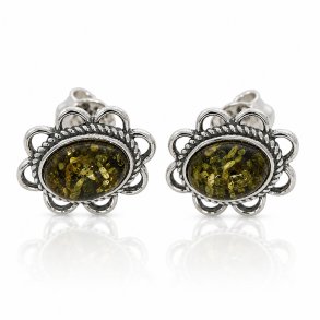 Blumen-Ohrstecker mit Echtem Gr�nen Bernstein aus 925 Sterling Silber
