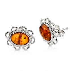 Blumen-Ohrstecker mit Echtem Cognacfarbenem Bernstein aus 925 Sterling Silber