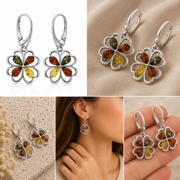 Vierbl�ttriges Kleeblatt Ohrringe mit Echtem Mehrfarbigem Baltischem Bernstein in 925 Sterling Silber