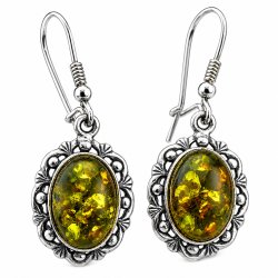 Blomster �reringe I 925 Sterling S�lv Og Gr�nt Rav 
