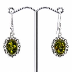 Blomster �reringe I 925 Sterling S�lv Og Gr�nt Rav 