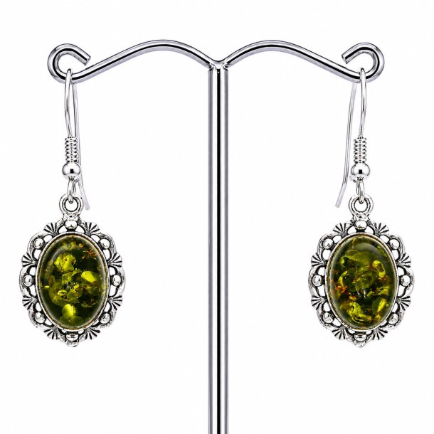 Blomster �reringe I 925 Sterling S�lv Og Gr�nt Rav 
