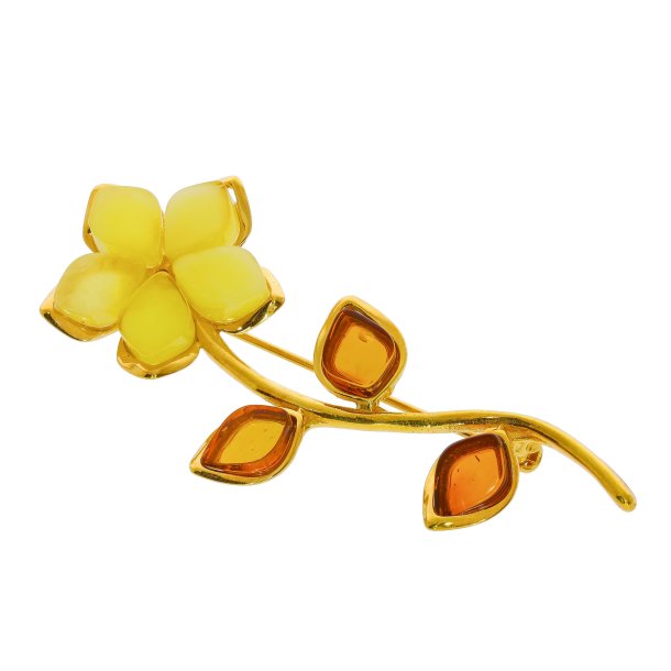 Blomst Broche I Forgyldt 925 Sterling Slv Og Rav