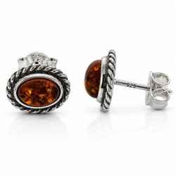 Ovale Ohrstecker mit Echtem Cognacfarbenem Baltischen Bernstein in Oxidiertem 925 Sterling Silber