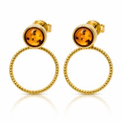 Runde Ohrstecker mit Abnehmbaren Creolen und Echtem Cognac-Bernstein in Vergoldetem 925 Sterling Silber