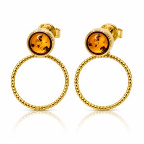 Runde Ohrstecker mit Abnehmbaren Creolen und Echtem Cognac-Bernstein in Vergoldetem 925 Sterling Silber