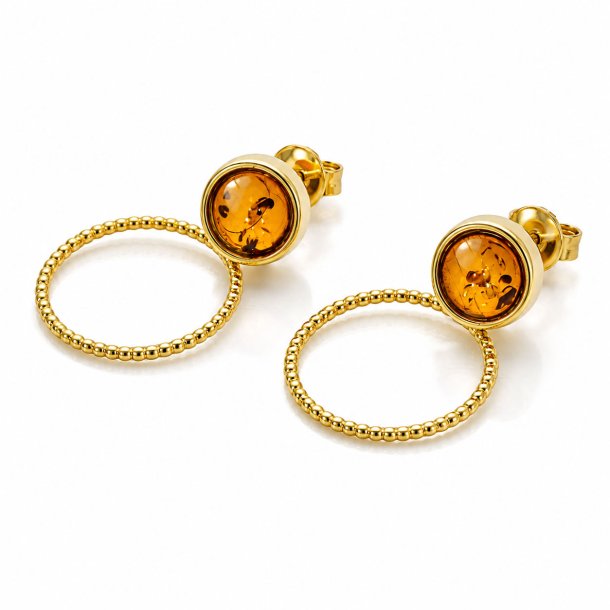 Runde Ohrstecker mit Abnehmbaren Creolen und Echtem Cognac-Bernstein in Vergoldetem 925 Sterling Silber