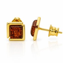 Quadratische Ohrstecker mit Echtem Cognac-Bernstein in Vergoldetem 925 Sterling Silber