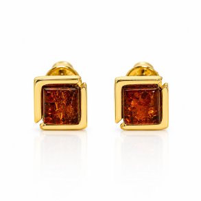 Quadratische Ohrstecker mit Echtem Cognac-Bernstein in Vergoldetem 925 Sterling Silber