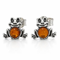 Frosch-Ohrstecker mit Echtem Cognacfarbenem Baltischen Bernstein in 925 Sterling Silber