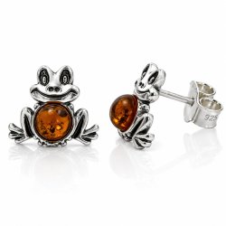 Frosch-Ohrstecker mit Echtem Cognacfarbenem Baltischen Bernstein in 925 Sterling Silber