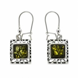 Quadratische Ohrh�nger mit Gr�nem Bernstein aus 925 Sterling Silber