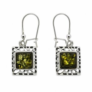 Quadratische Ohrh�nger mit Gr�nem Bernstein aus 925 Sterling Silber