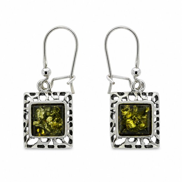 Quadratische Ohrh�nger mit Gr�nem Bernstein aus 925 Sterling Silber
