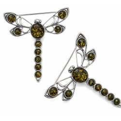 H�ndlavet Guldsmed Broche i 925 Sterling S�lv med �gte Gr�n Dansk Rav � Elegant Naturdesign