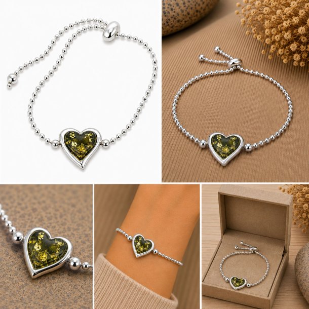 Sterling Silber und Gr�ner Bernstein Herz-Armband
