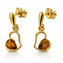 Herz-Ohrh�nger mit Echtem Cognacfarbenem Baltischen Bernstein in Vergoldetem 925 Sterling Silber