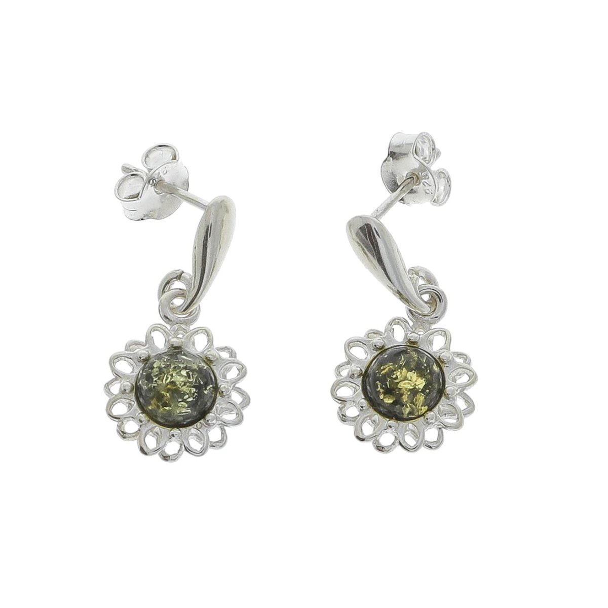 Blomster Øreringe I Sterling Sølv Og Grønt Rav - Øreringe / Earrings ...