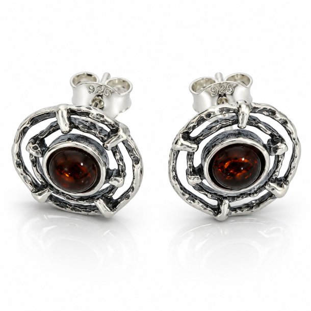 Runde Ohrstecker mit Echtem Kirschfarbenem Baltischen Bernstein in 925 Sterling Silber