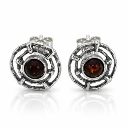 Runde Ohrstecker mit Echtem Kirschfarbenem Baltischen Bernstein in 925 Sterling Silber