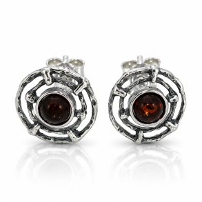 Runde Ohrstecker mit Echtem Kirschfarbenem Baltischen Bernstein in 925 Sterling Silber