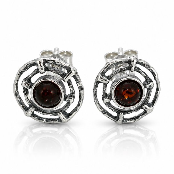 Runde Ohrstecker mit Echtem Kirschfarbenem Baltischen Bernstein in 925 Sterling Silber