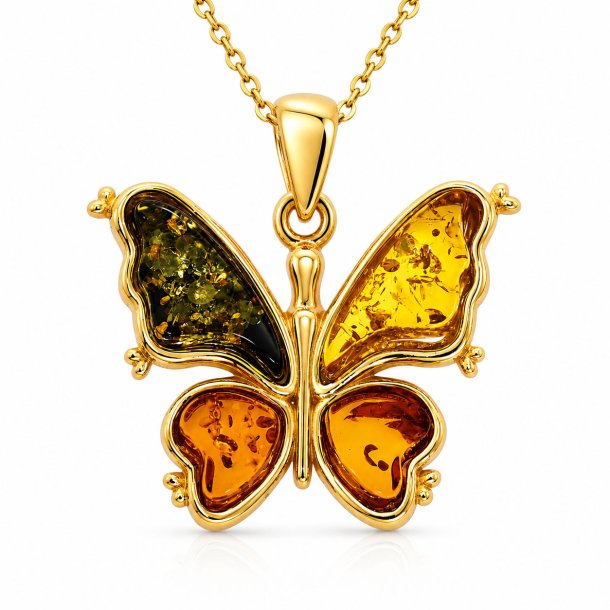 Schmetterling Anh�nger mit Echtem Bernstein aus Vergoldetem 925 Sterling Silber