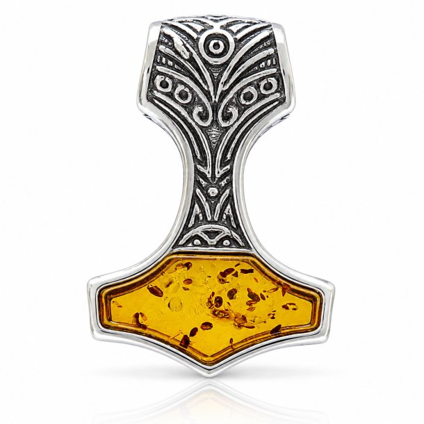 Thors Hammer Anh�nger mit Echtem Bernstein aus 925 Sterling Silber