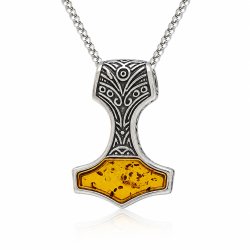 Thors Hammer Anh�nger mit Echtem Bernstein aus 925 Sterling Silber