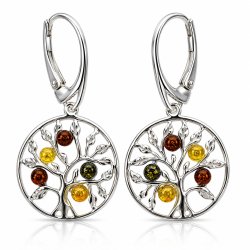 Lebensbaum Ohrringe mit Echtem Mehrfarbigem Baltischem Bernstein in 925 Sterling Silber