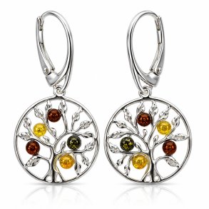 Lebensbaum Ohrringe mit Echtem Mehrfarbigem Baltischem Bernstein in 925 Sterling Silber