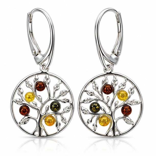Lebensbaum Ohrringe mit Echtem Mehrfarbigem Baltischem Bernstein in 925 Sterling Silber