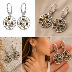 Lebensbaum Ohrringe mit Echtem Mehrfarbigem Baltischem Bernstein in 925 Sterling Silber