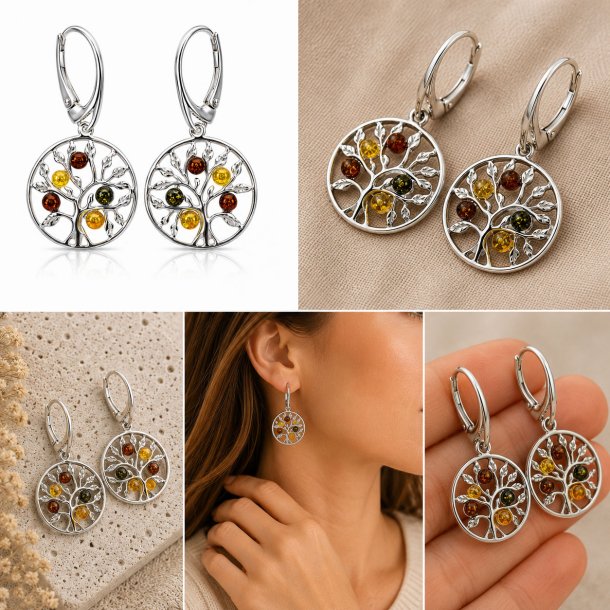 Lebensbaum Ohrringe mit Echtem Mehrfarbigem Baltischem Bernstein in 925 Sterling Silber