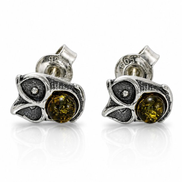 Eulen-Ohrstecker mit Echtem Gr�nen Baltischen Bernstein in Oxidiertem 925 Sterling Silber