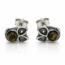 Eulen-Ohrstecker mit Echtem Gr�nen Baltischen Bernstein in Oxidiertem 925 Sterling Silber