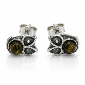 Eulen-Ohrstecker mit Echtem Gr�nen Baltischen Bernstein in Oxidiertem 925 Sterling Silber