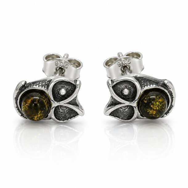 Eulen-Ohrstecker mit Echtem Gr�nen Baltischen Bernstein in Oxidiertem 925 Sterling Silber