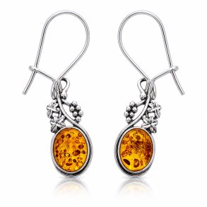 Ohrringe mit Echtem Cognacfarbenem Baltischen Bernstein und Weinlaub aus 925 Sterling Silber