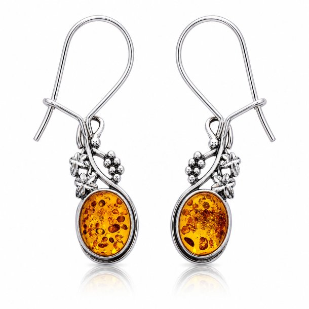Ohrringe mit Echtem Cognacfarbenem Baltischen Bernstein und Weinlaub aus 925 Sterling Silber