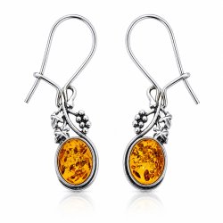 Ohrringe mit Echtem Cognacfarbenem Baltischen Bernstein und Weinlaub aus 925 Sterling Silber