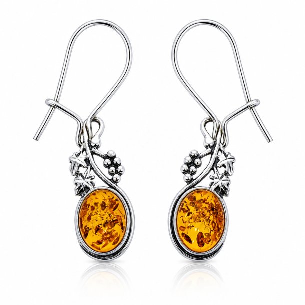 Ohrringe mit Echtem Cognacfarbenem Baltischen Bernstein und Weinlaub aus 925 Sterling Silber